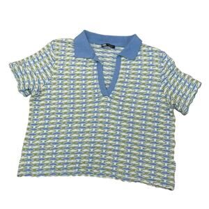 Zara Jacquard Polo Shirt Blue Green Geometric Pattern Retro Preppy Y2K Size M